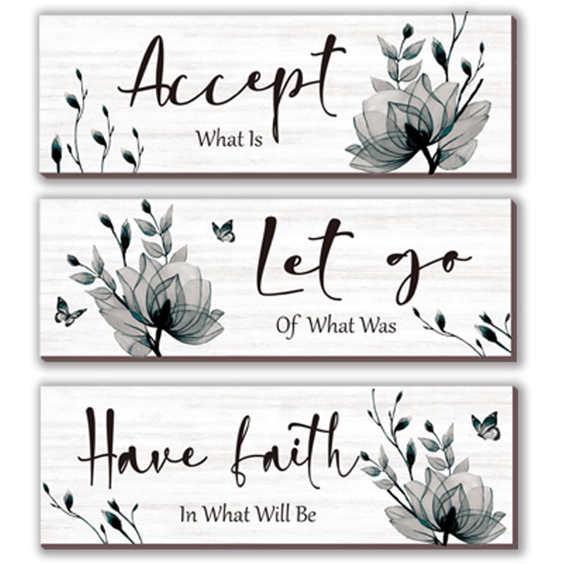 ONIZHITY 3 Pcs Black And White Bathroom Decor Rustic Flower Black Wall Art Accept Let Go Have Faith Farmhouse Bedroom Wall Decor Wooden Inspirational Quotes Grey Decoration for Living Room(Black 12 x 4 Inches) - Image 1